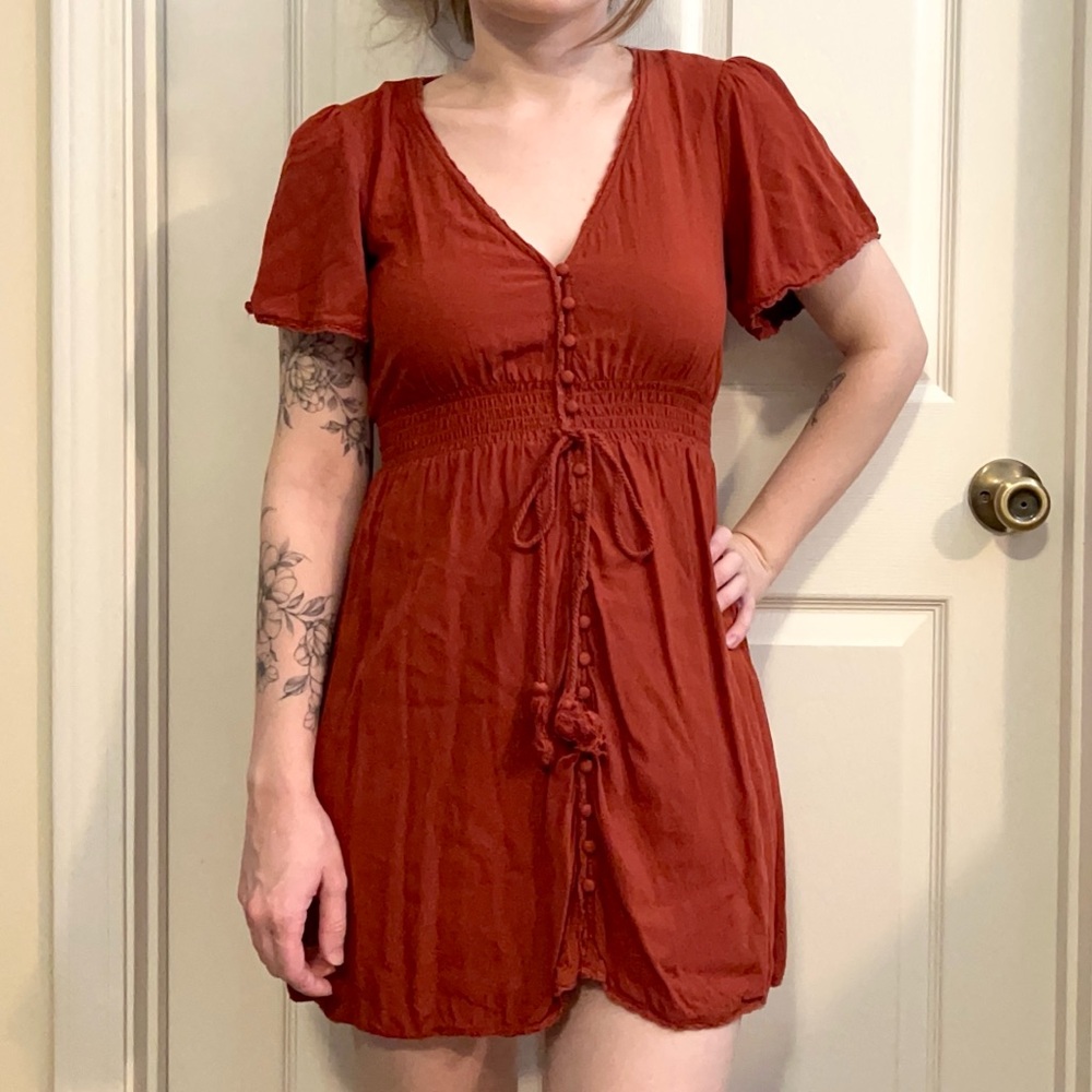 Burnt Orange Button Front Tassel Short Sleeve Mini Dress Size S - Picture 2 of 6